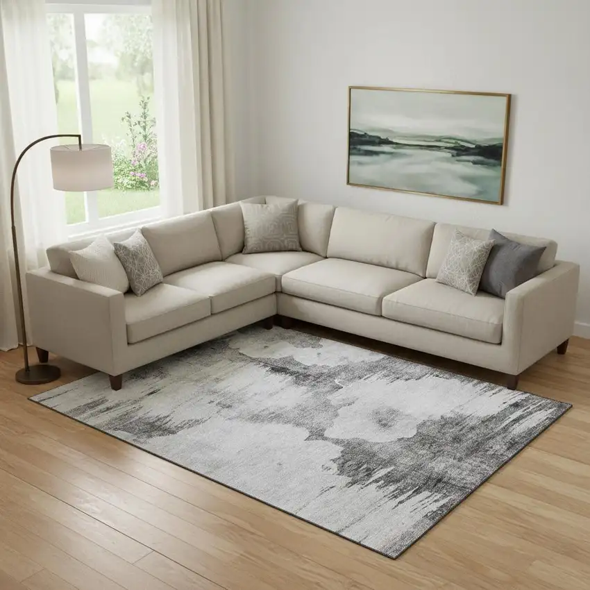 Gray And Silver Abstract Washable Area Rug With UV Protection Photo 1