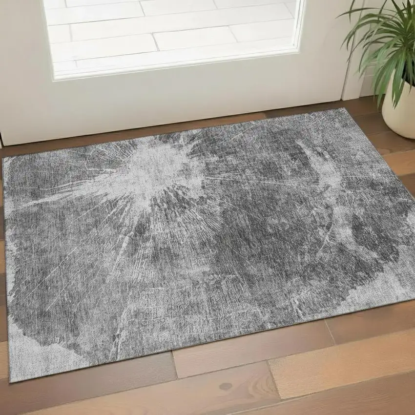 Gray And Silver Abstract Washable Area Rug With UV Protection Photo 1