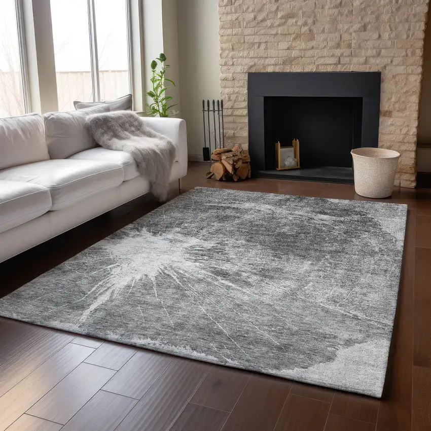 Gray And Silver Abstract Washable Area Rug With UV Protection Photo 5