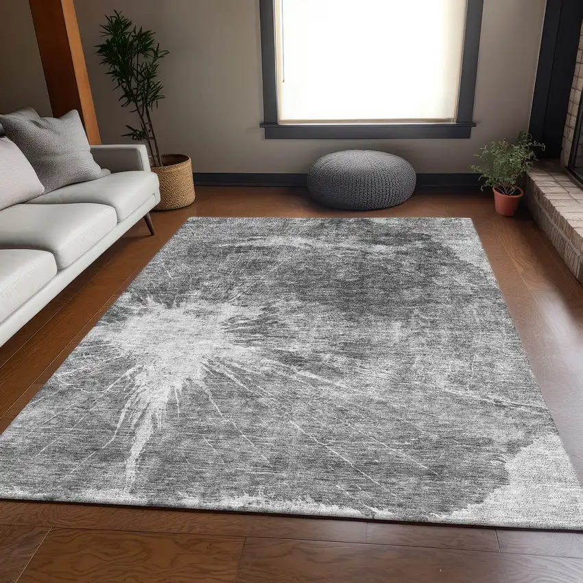Gray And Silver Abstract Washable Area Rug With UV Protection Photo 4