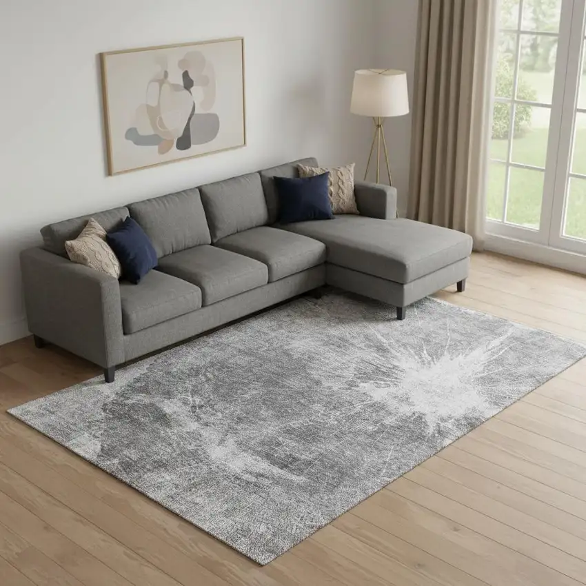 Gray And Silver Abstract Washable Area Rug With UV Protection Photo 1