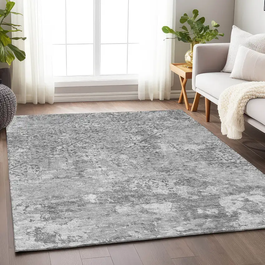 Gray And Silver Abstract Washable Area Rug With UV Protection Photo 4