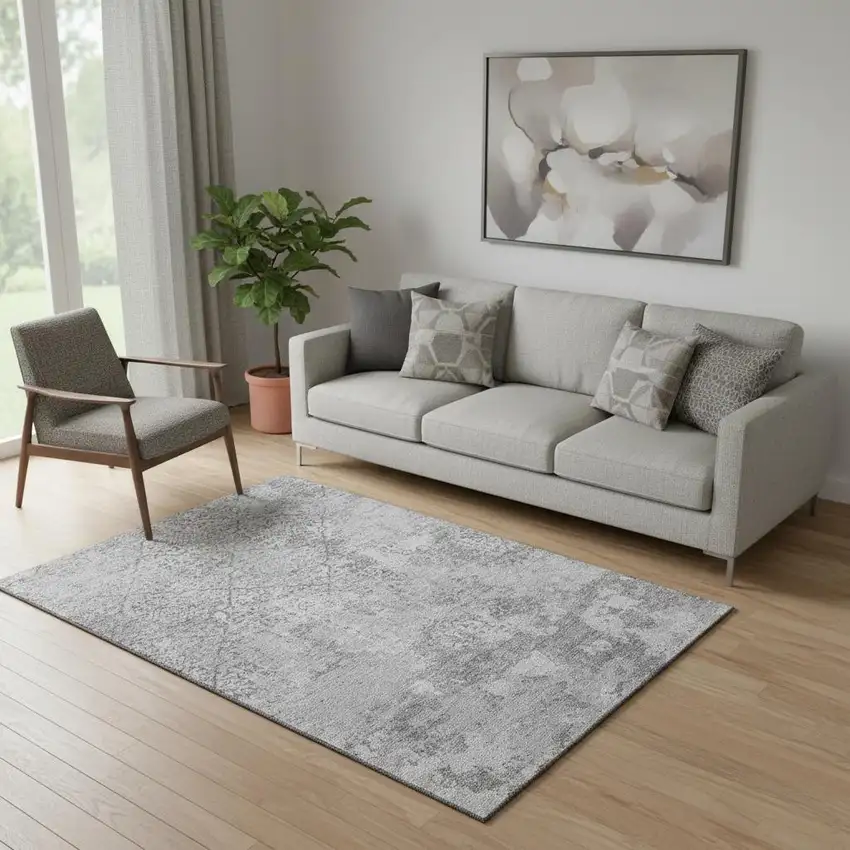 Gray And Silver Abstract Washable Area Rug With UV Protection Photo 1