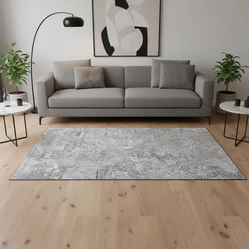 Gray And Silver Abstract Washable Area Rug With UV Protection Photo 2