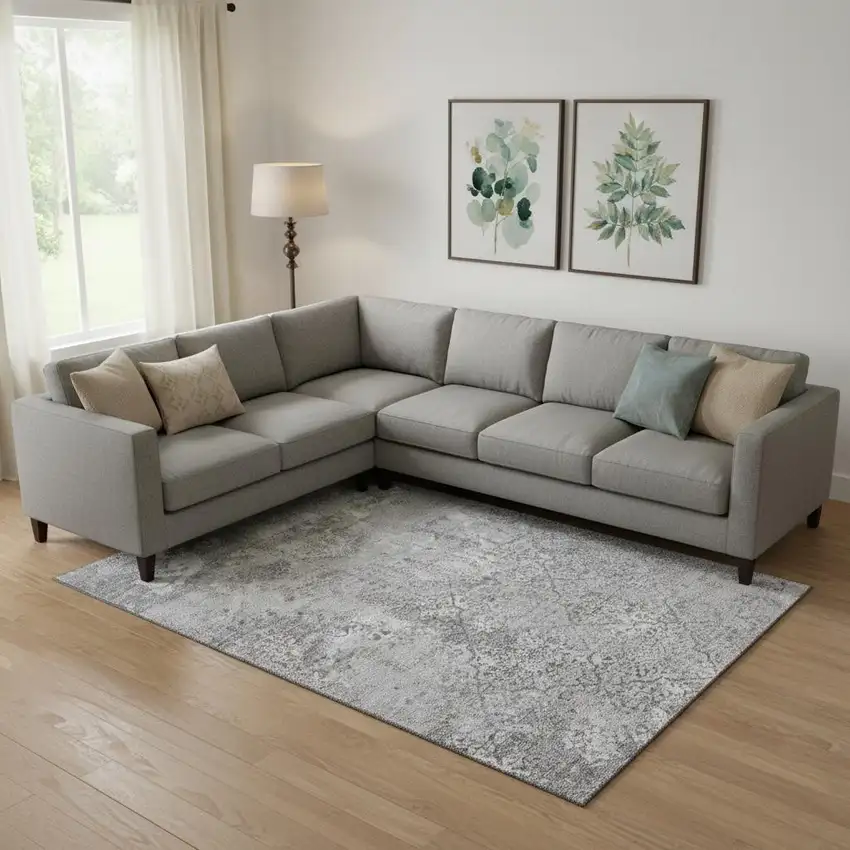 Gray And Silver Abstract Washable Area Rug With UV Protection Photo 1