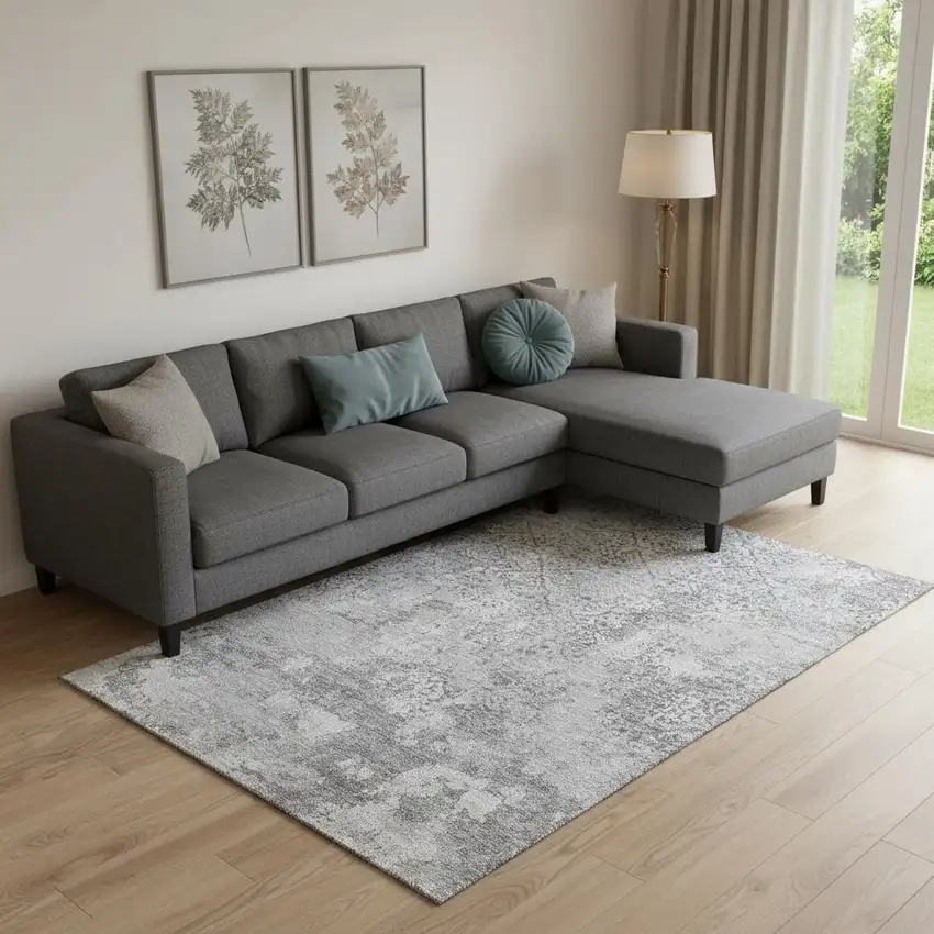 Gray And Silver Abstract Washable Area Rug With UV Protection Photo 1