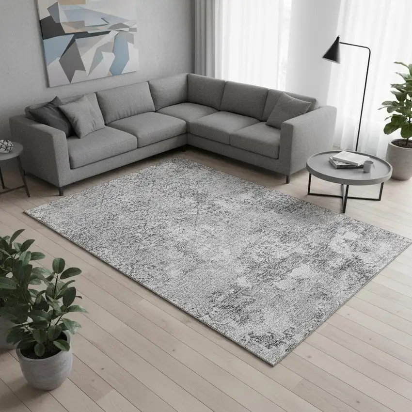 Gray And Silver Abstract Washable Area Rug With UV Protection Photo 2