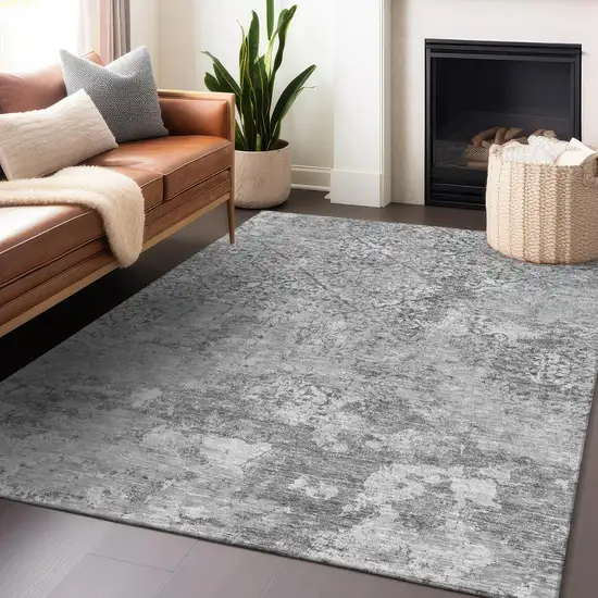 Gray And Silver Abstract Washable Area Rug With UV Protection Photo 6