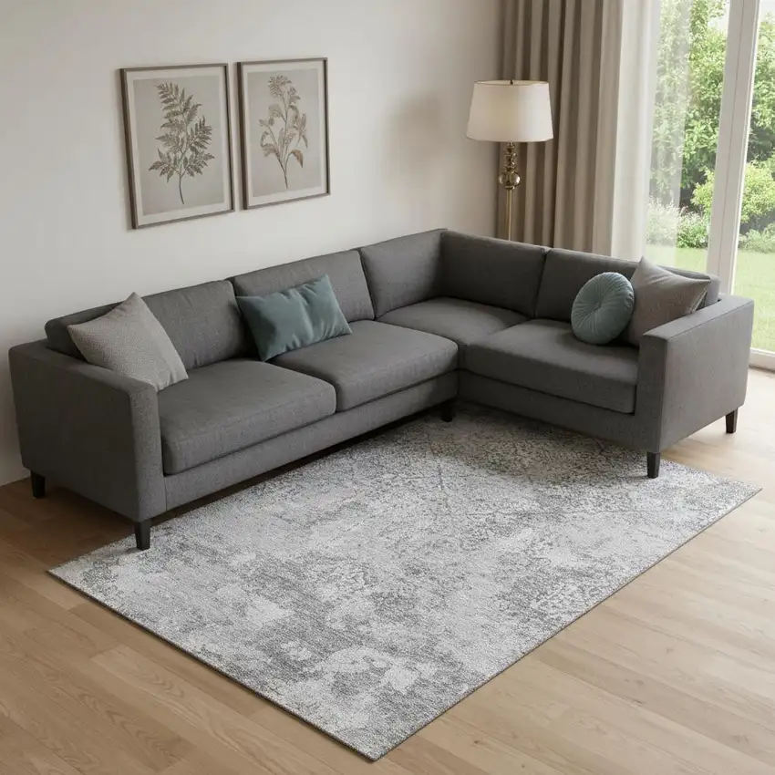 Gray And Silver Abstract Washable Area Rug With UV Protection Photo 1