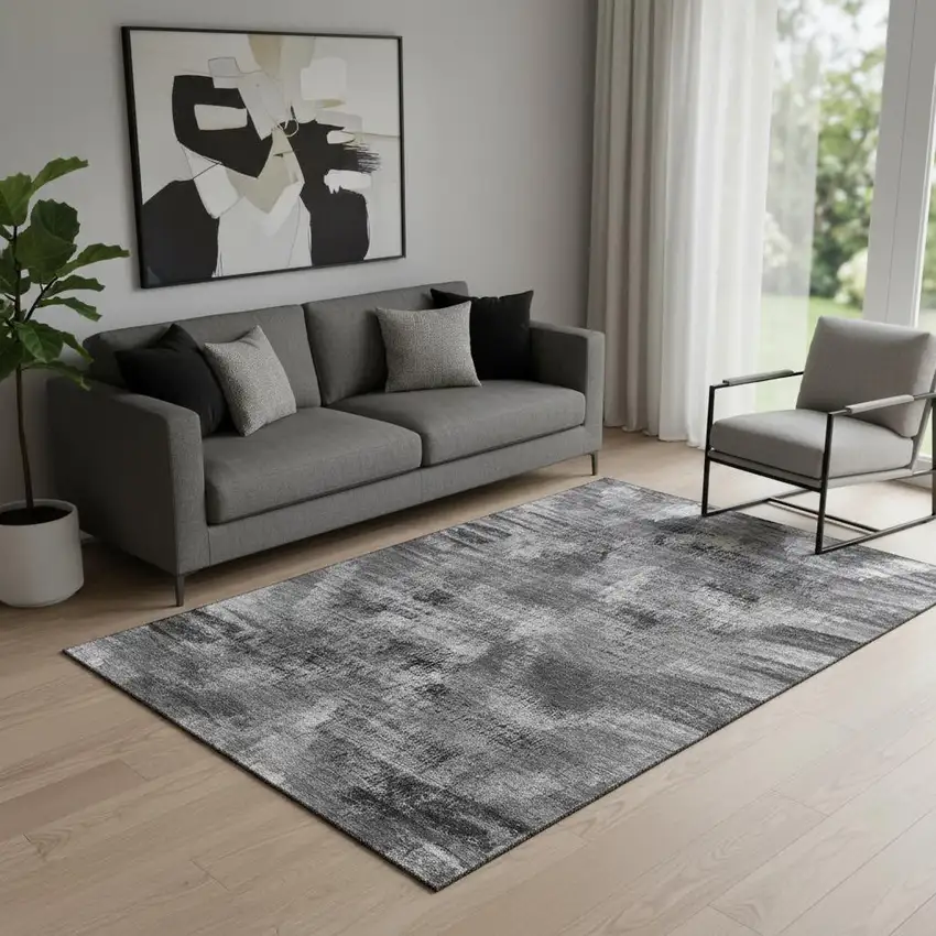 Gray And Silver Abstract Washable Area Rug With UV Protection Photo 1