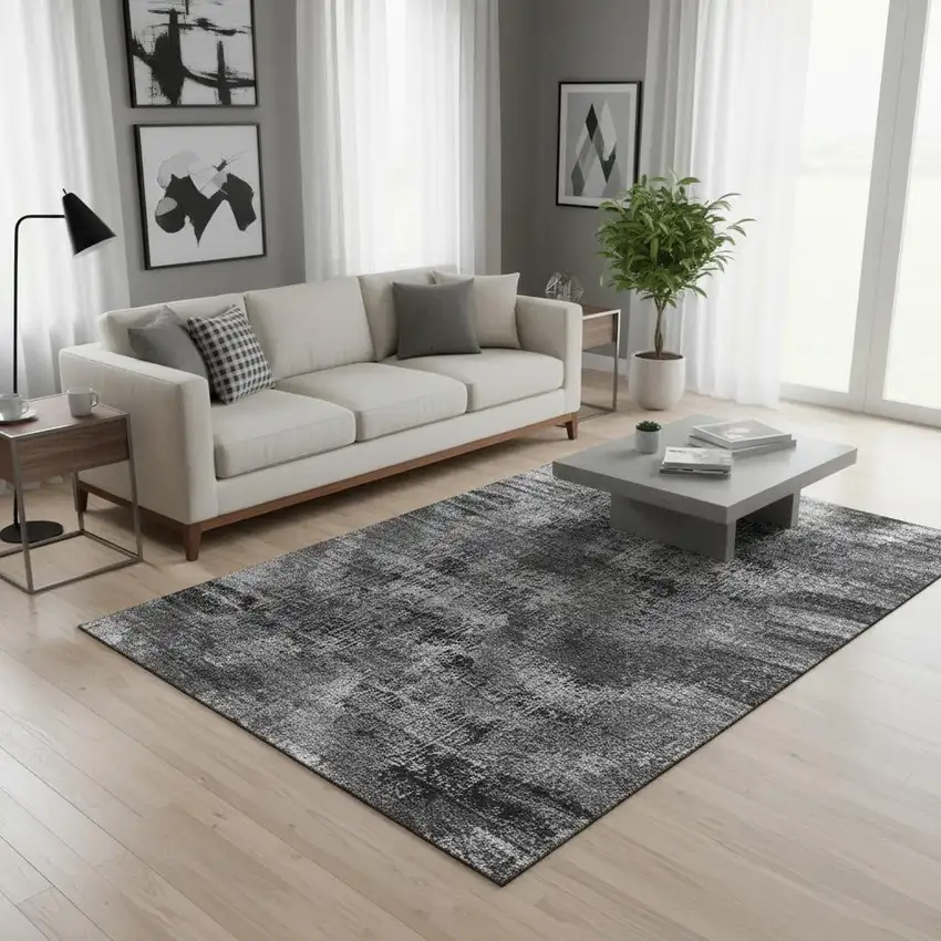 Gray And Silver Abstract Washable Area Rug With UV Protection Photo 2
