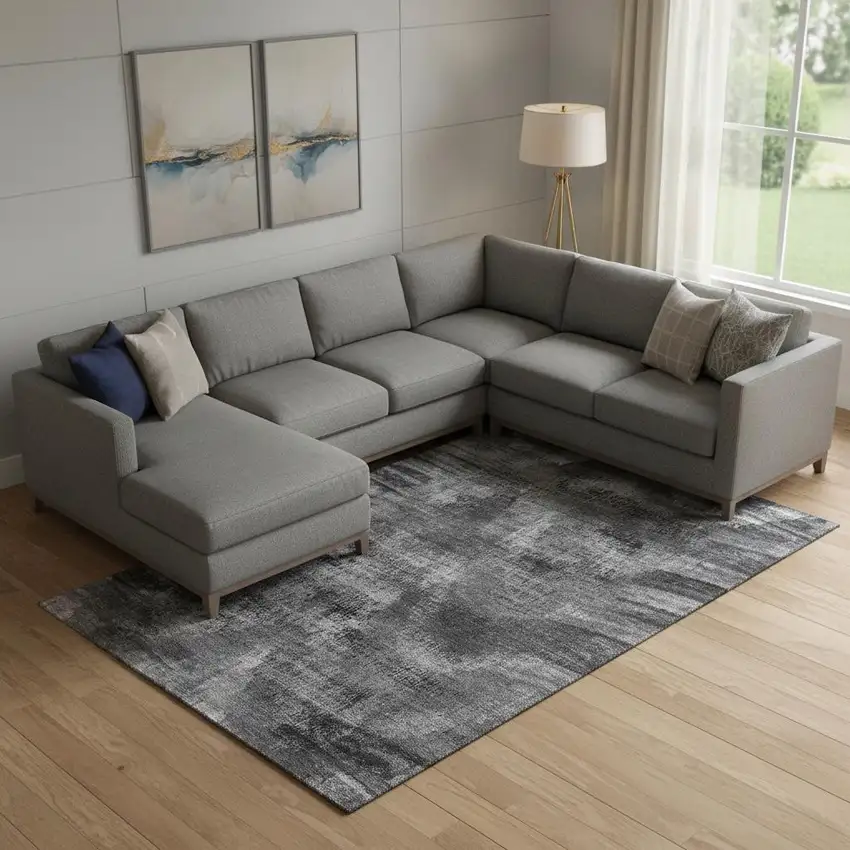 Gray And Silver Abstract Washable Area Rug With UV Protection Photo 1