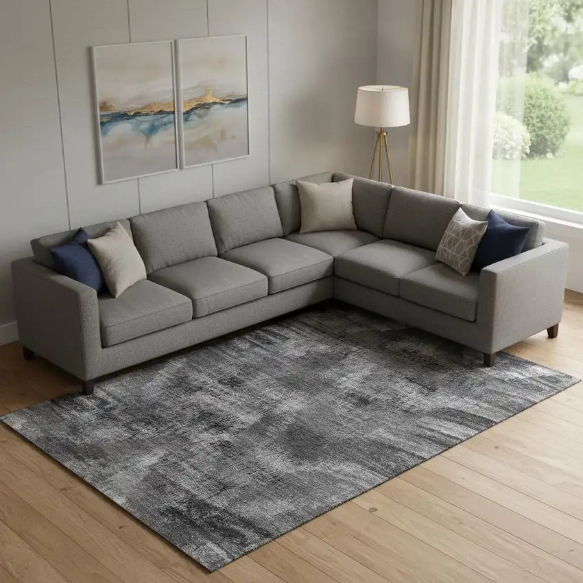 Gray And Silver Abstract Washable Area Rug With UV Protection Photo 1