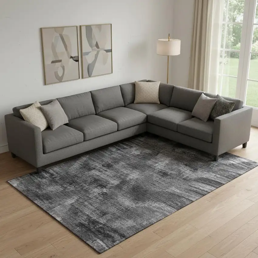Gray And Silver Abstract Washable Area Rug With UV Protection Photo 1