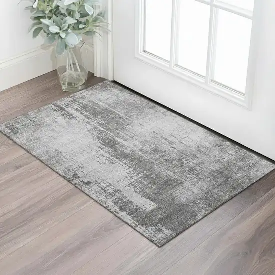 Gray And Silver Abstract Washable Area Rug With UV Protection Photo 1
