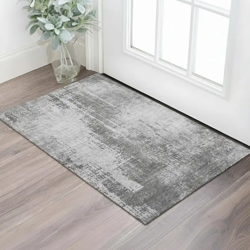 Gray And Silver Abstract Washable Area Rug With UV Protection Photo 1