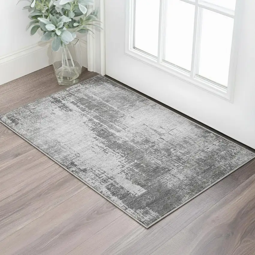 Gray And Silver Abstract Washable Area Rug With UV Protection Photo 2