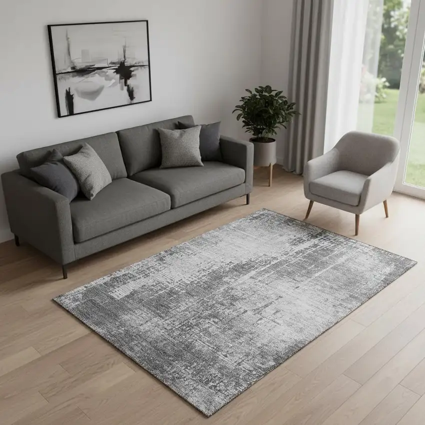 Gray And Silver Abstract Washable Area Rug With UV Protection Photo 1