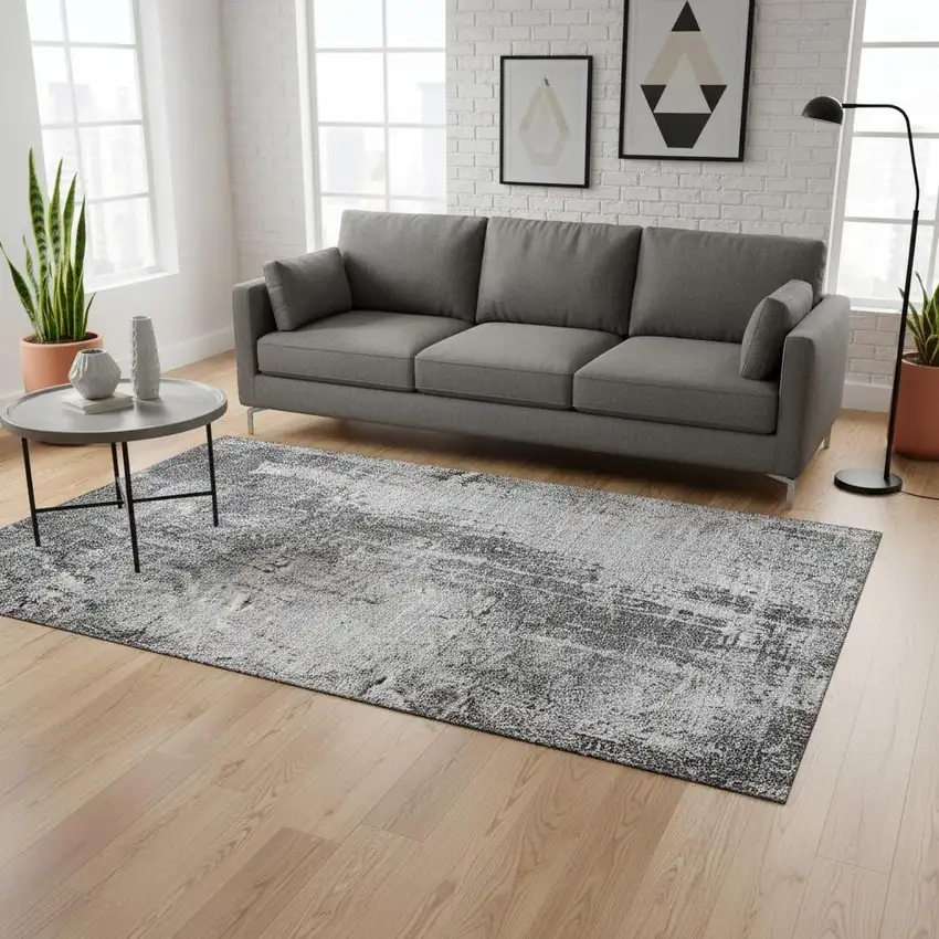 Gray And Silver Abstract Washable Area Rug With UV Protection Photo 2