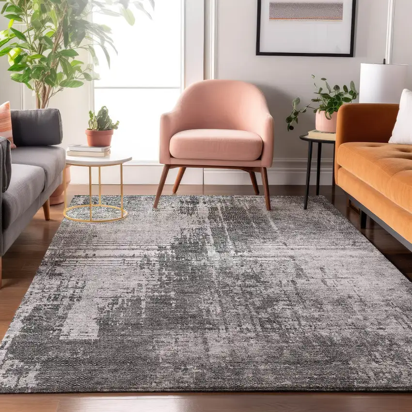 Gray And Silver Abstract Washable Area Rug With UV Protection Photo 5