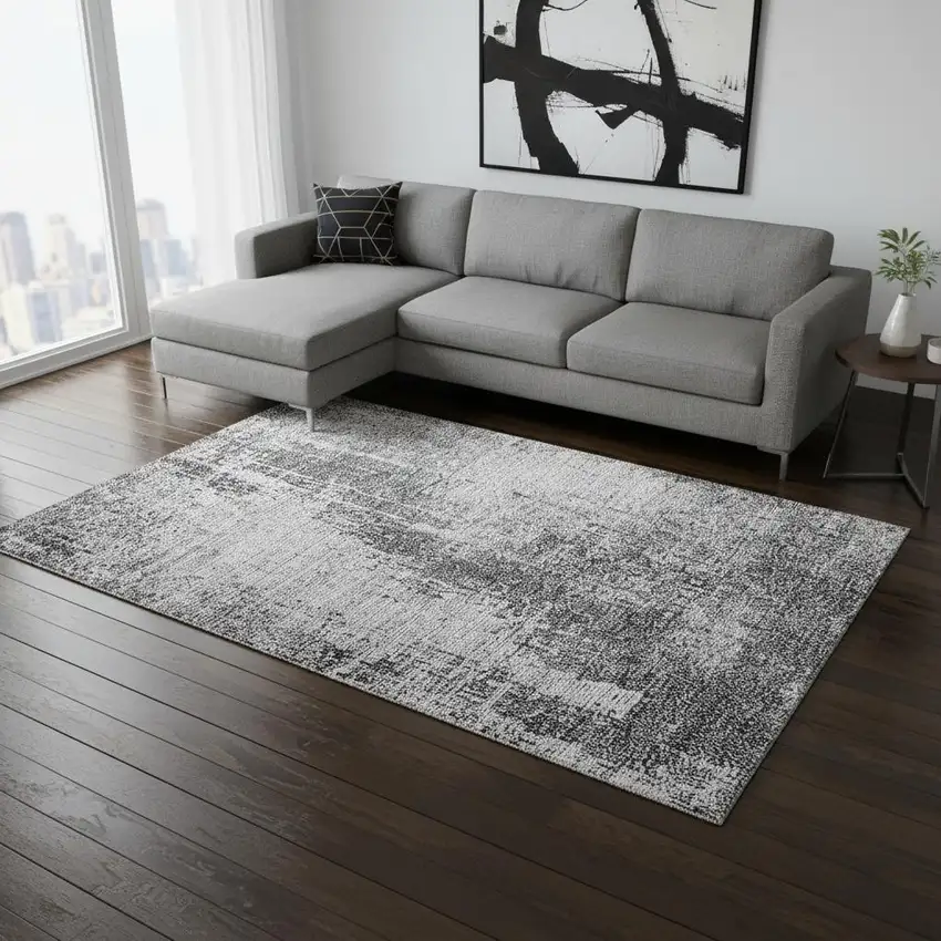 Gray And Silver Abstract Washable Area Rug With UV Protection Photo 2