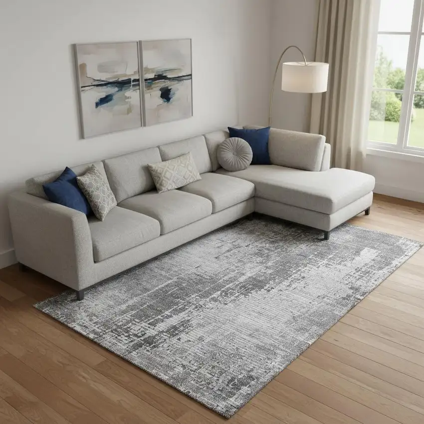 Gray And Silver Abstract Washable Area Rug With UV Protection Photo 1
