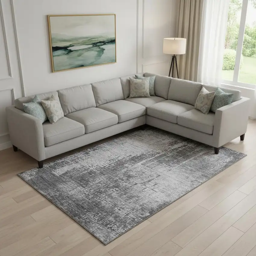 Gray And Silver Abstract Washable Area Rug With UV Protection Photo 1