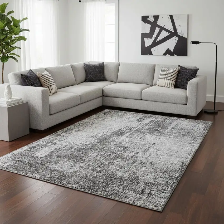 Gray And Silver Abstract Washable Area Rug With UV Protection Photo 2