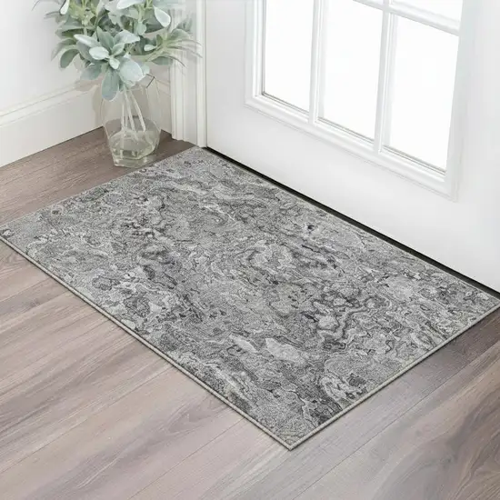 Gray And Silver Abstract Washable Area Rug With UV Protection Photo 2