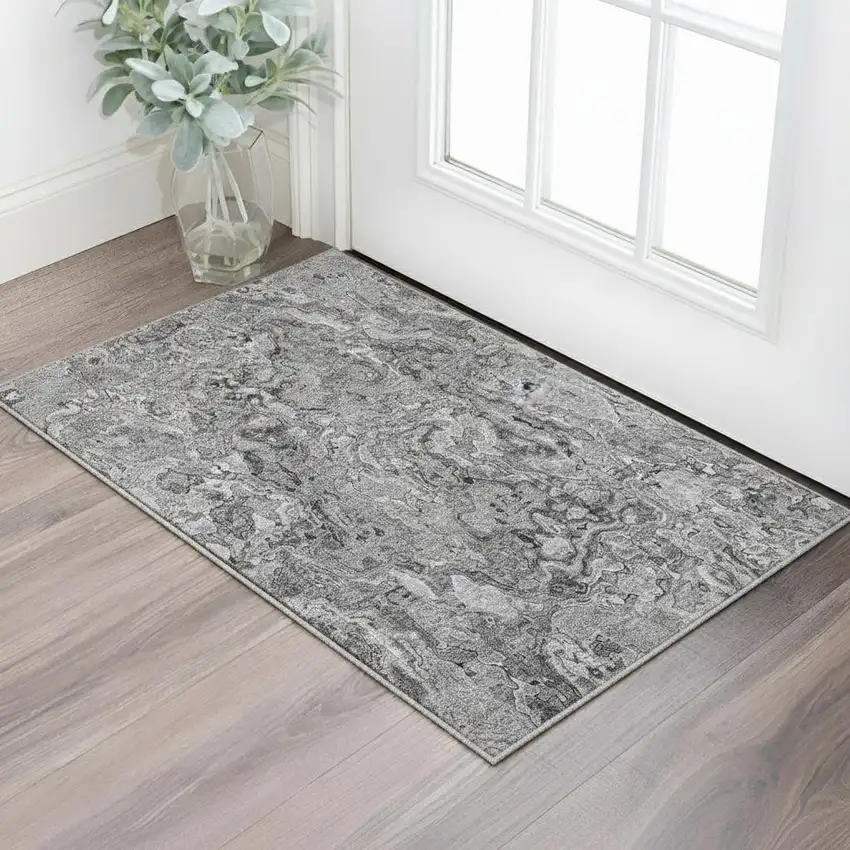 Gray And Silver Abstract Washable Area Rug With UV Protection Photo 2