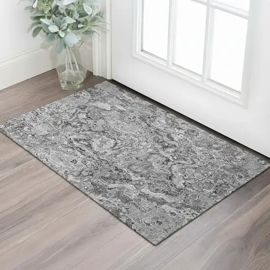 Gray And Silver Abstract Washable Area Rug With UV Protection Photo 1