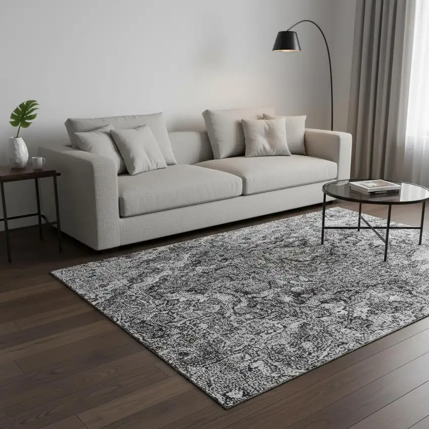 Gray And Silver Abstract Washable Area Rug With UV Protection Photo 2