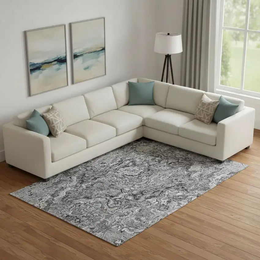 Gray And Silver Abstract Washable Area Rug With UV Protection Photo 1