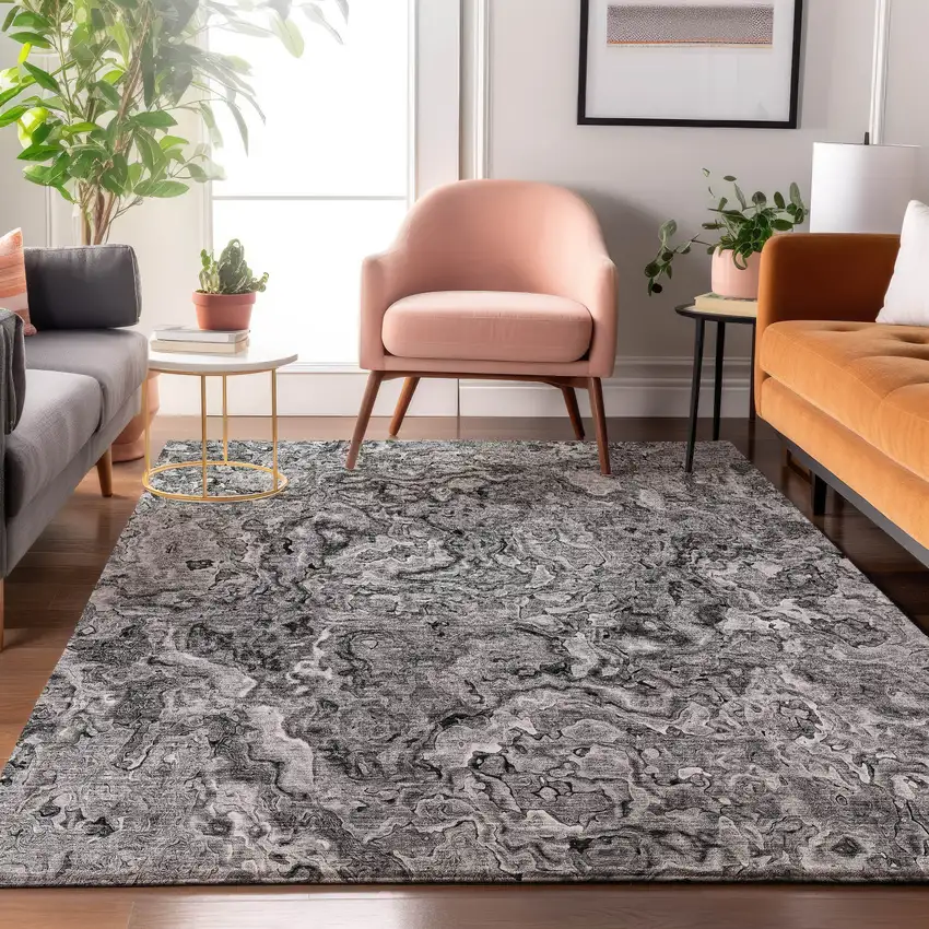 Gray And Silver Abstract Washable Area Rug With UV Protection Photo 5