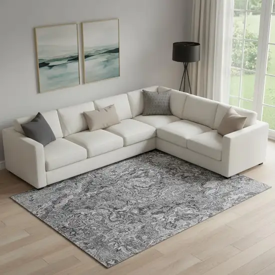 Gray And Silver Abstract Washable Area Rug With UV Protection Photo 1
