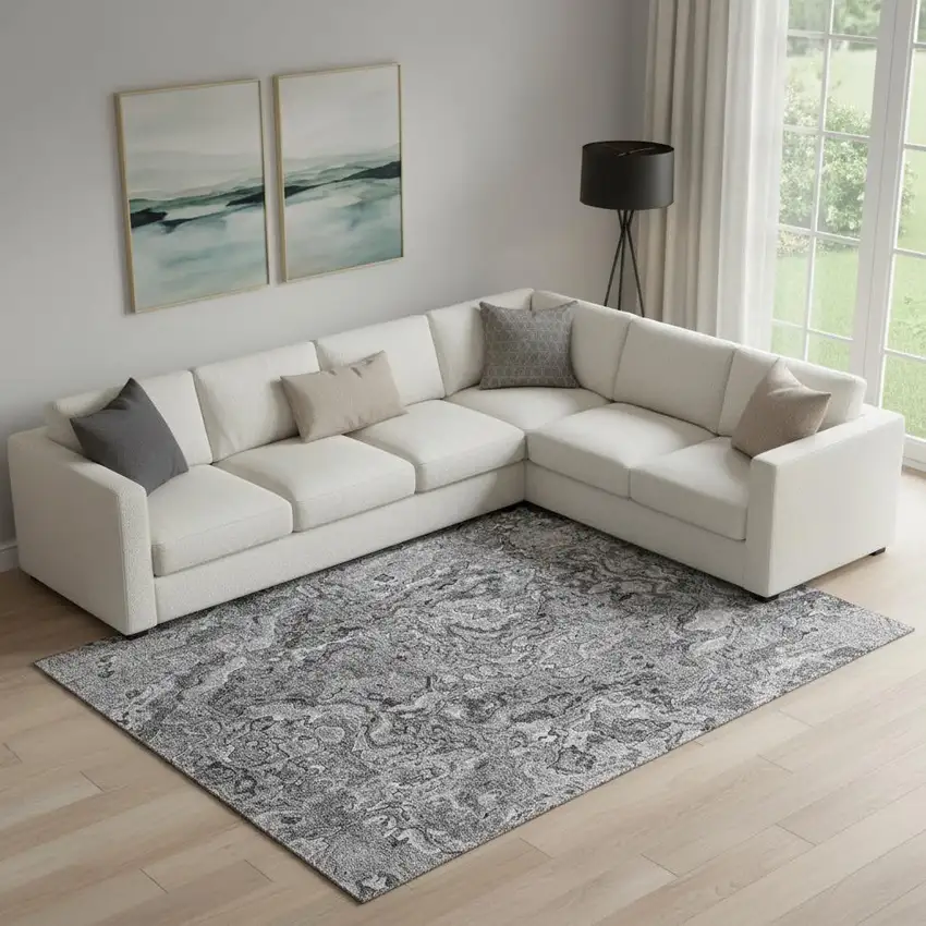 Gray And Silver Abstract Washable Area Rug With UV Protection Photo 1