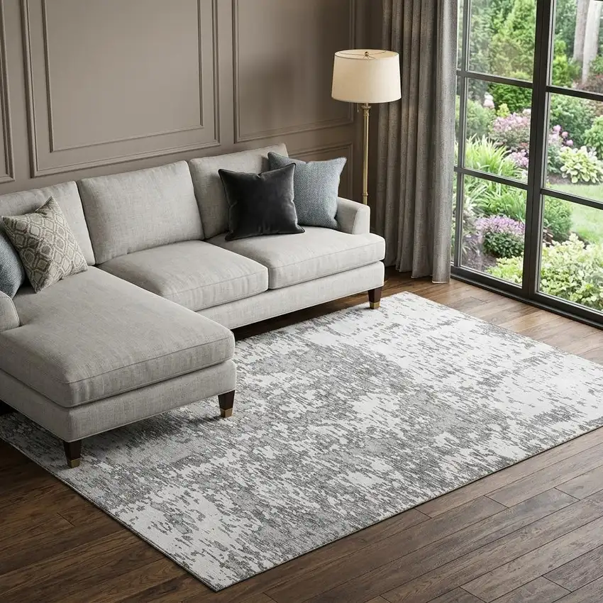 Gray And Silver Abstract Washable Area Rug With UV Protection Photo 1