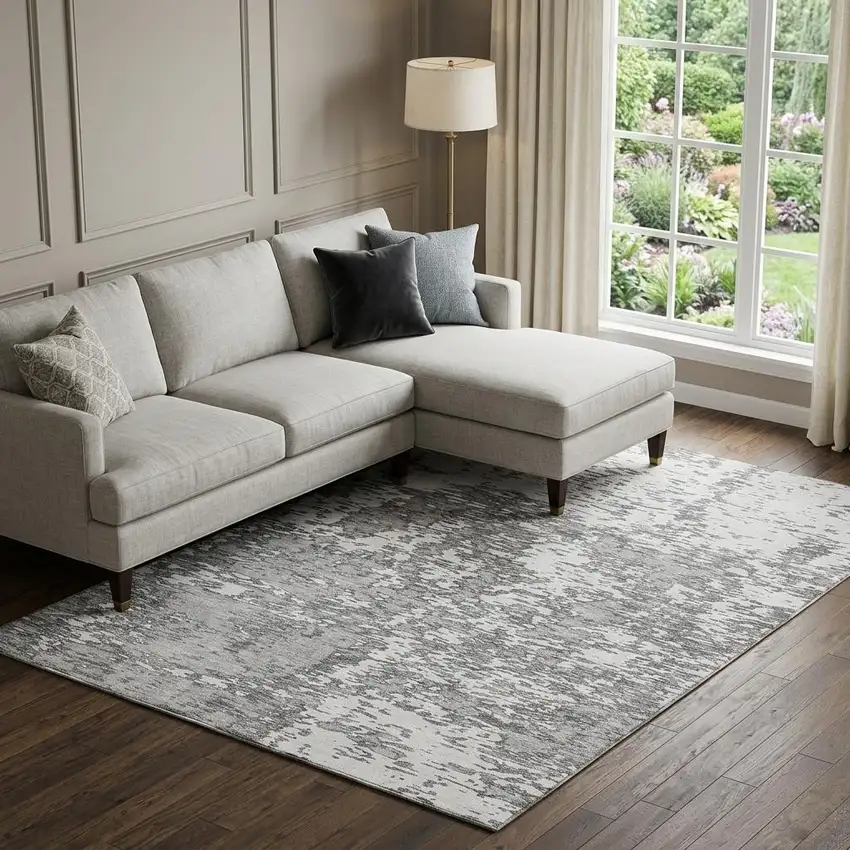 Gray And Silver Abstract Washable Area Rug With UV Protection Photo 1