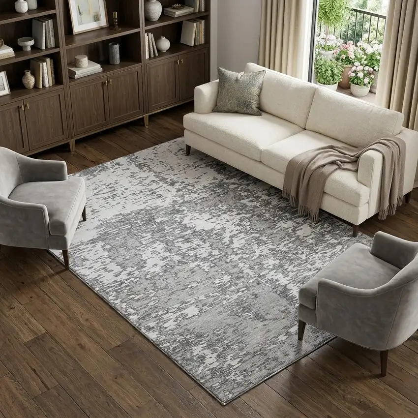 Gray And Silver Abstract Washable Area Rug With UV Protection Photo 1