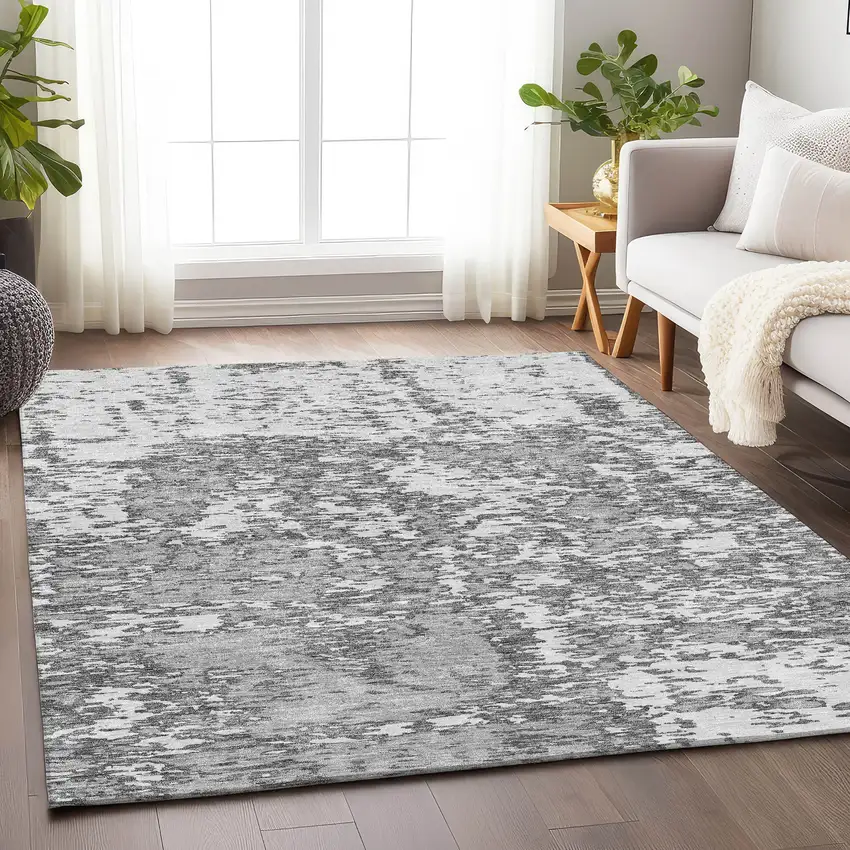 Gray And Silver Abstract Washable Area Rug With UV Protection Photo 3