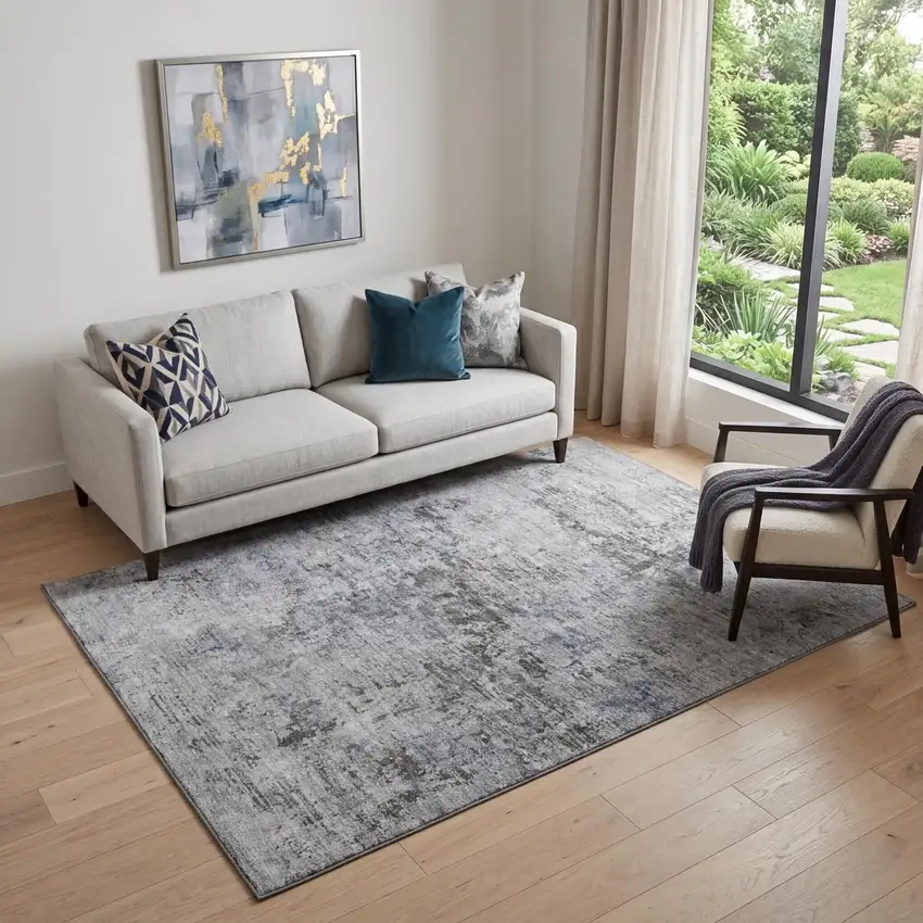 Gray And Silver Abstract Washable Area Rug With UV Protection Photo 1