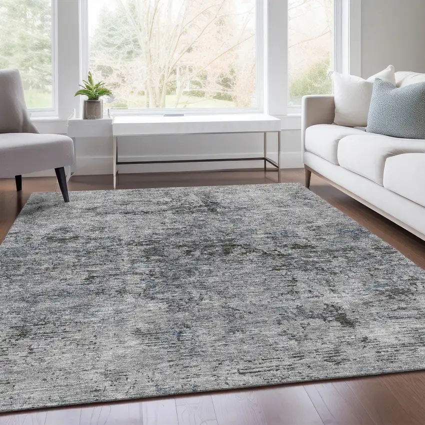 Gray And Silver Abstract Washable Area Rug With UV Protection Photo 5