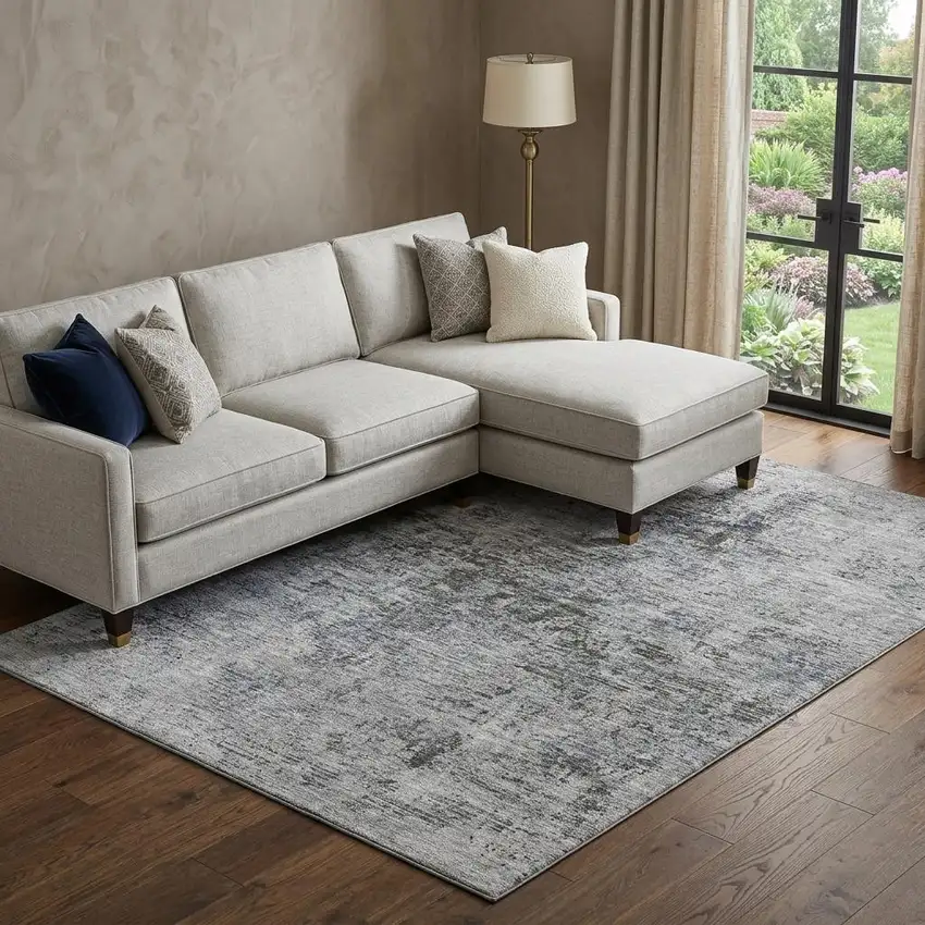 Gray And Silver Abstract Washable Area Rug With UV Protection Photo 1