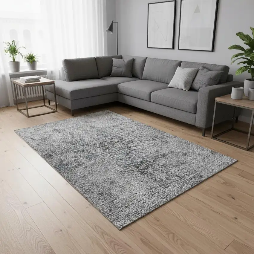 Gray And Silver Abstract Washable Area Rug With UV Protection Photo 2