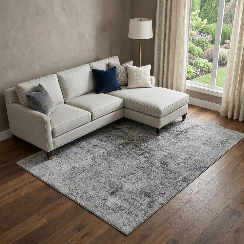 Gray And Silver Abstract Washable Area Rug With UV Protection Photo 1