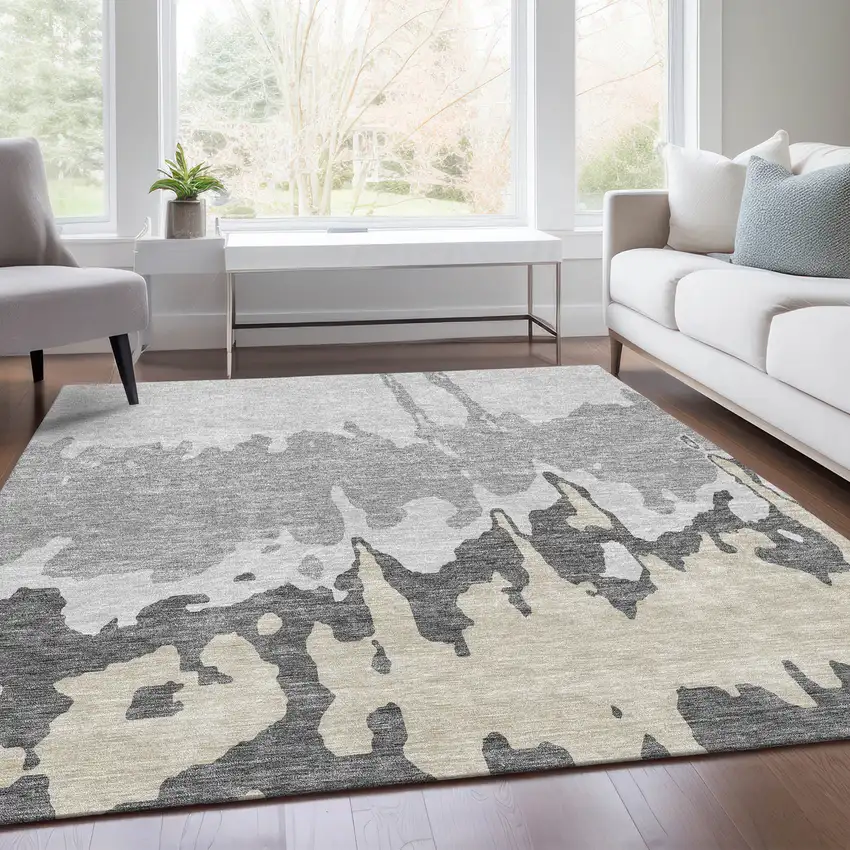Gray And Silver Abstract Washable Area Rug With UV Protection Photo 5