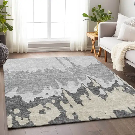 Gray And Silver Abstract Washable Area Rug With UV Protection Photo 4