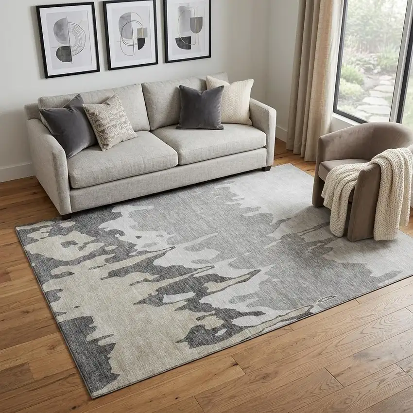 Gray And Silver Abstract Washable Area Rug With UV Protection Photo 1
