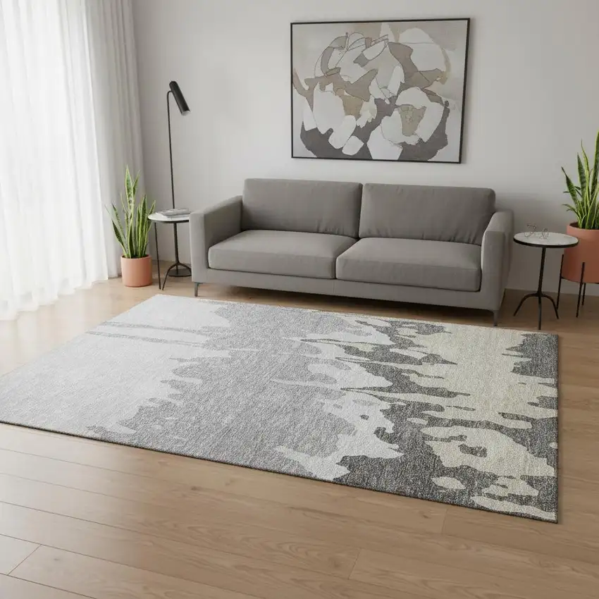 Gray And Silver Abstract Washable Area Rug With UV Protection Photo 2
