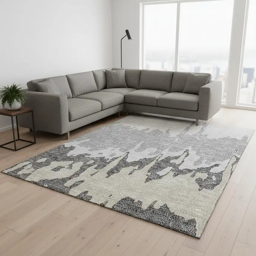 Gray And Silver Abstract Washable Area Rug With UV Protection Photo 2